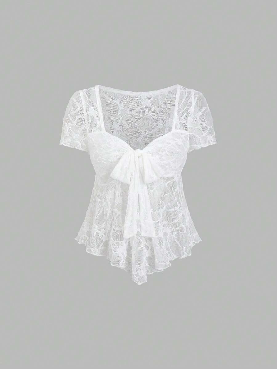 SHEIN Unity 女式春夏 V 领短袖 T 恤，Ankla 红色纹理网眼蝴蝶结修身性感短款上衣