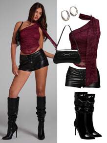 SHEIN BAE Women's Floral Lace Sleeveless Asymmetrical Shoulder Ruched Slim Fit Fashionable Top - Burgundy - View 7