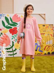 Tween Girls Casual Daily Letter Print Oversized Drop Shoulder Dress, Autumn - Pink - View 6