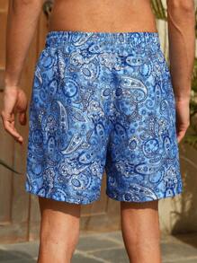 Manfinity VDAYZ Pantalones cortos de playa con estampado de paisley, cintura con cordón, estilo hawaiano para novio y hombres