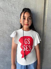 1 pieza Camiseta con gráfico de corazón y letras con dobladillo con volantes para niñas preadolescentes, diseño único y lindo, apto para el Día de San Valentín, la escuela, Año Nuevo, primavera/verano