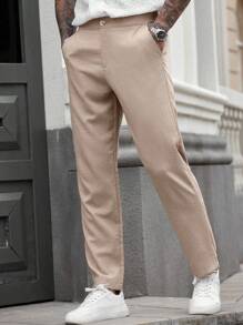 Manfinity CasualCool Pantaloni casual da uomo per uso quotidiano: stile business e pendolarismo, pantaloni aderenti color cachi con tessuto simile al lino e texture con pieghe sottili. Perfetti per la primavera e l'estate rinfrescante, rendendoli un regalo ideale per fidanzati o mariti - Cachi - Visualizzare 3