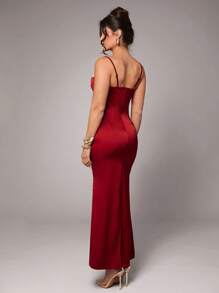 Silquee Women's Simple Elegant Party Solid Color High Quality Satin Spaghetti Strap Maxi Dress With Contrasting Lace, Suitable For Cocktail Parties, Romantic Dates, Formal Parties, Weddings, Bridesmaid Dresses, Evening Dresses, Daily Commute, Valentine's Day, Valentine's Day, Valentine's Day Dress , Girls Valentines Outfit, Burgundy Red Dress