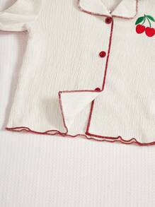 Baby Girl 2pcs/Set Casual Cherry Embroidered Long Sleeve Pajama Set