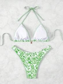 Swim Vcay Summer Women's Neck Tie Floral Print Bikini Top And Bottom Bikini Set - Green - View 2