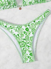 Swim Vcay Summer Women's Neck Tie Floral Print Bikini Top And Bottom Bikini Set - Green - View 5