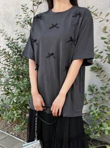 FRIFUL Women's Casual Grey Knitted Long T-Shirt With Round Neck, Short Sleeves, And Contrast Mesh Bow Details - Grey - View 6