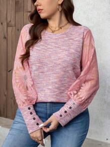 SHEIN LUNE Plus Size Ziua Îndrăgostiților Femei Vară Dantela Mâneci lungi Patchwork Roz Top Femei - Roz - Vizualizare 5