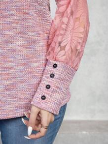 SHEIN LUNE Plus Size Ziua Îndrăgostiților Femei Vară Dantela Mâneci lungi Patchwork Roz Top Femei - Roz - Vizualizare 7