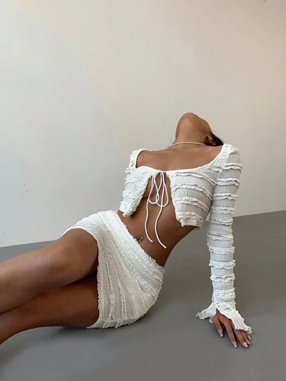 Aloruh 2pcs Women Lace Mini Skirt & Lace Trim Button-Up Blouse Set, New Autumn/Winter Fashion,For Daily,Office,Outgoing