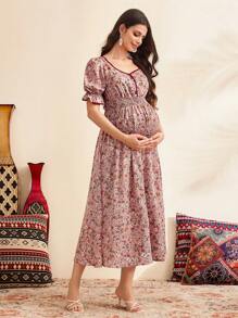 SHEIN Floral Print Puff Sleeve Maternity Dress - Pink - View 3