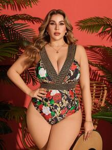 SHEIN Swim Curve 1 pièce Maillot de bain une pièce grande taille pour femme avec imprimé floral rose mélangé et chaîne décorative dorée, sexy mais élégant