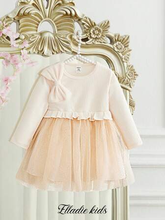 SHEIN Comfortabele elegante strik geribbelde ronde hals geplooide taille mesh patchwork lange mouw jurk voor babymeisjes, lief en schattig