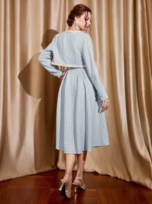 Vintamour 复古优雅女装两件套格子针织提花纹理方领无袖连衣裤连衣裙 A 字形荷叶边下摆连衣裙和长袖短款夹克，配仿珍珠纽扣花卉饰边，适合通勤正式冬季女装女式夹克女式套装冬季女式外套两件套冬季服装女式连衣裙女式两件套情人节情人节情人节情人节连衣裙