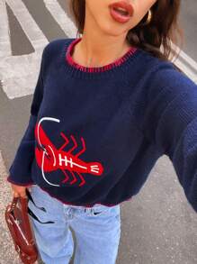 Forever 21 Winter New Round Neck Contrast Color Jacquard Lobster Pattern Casual Versatile Sweater Long Sleeve Tops Sweater New Years Women Outfit Y2k Clothes