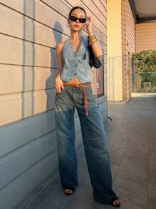 DAZY 女士无袖挂脖牛仔背心 - 淺色水洗藍 - 查看 2