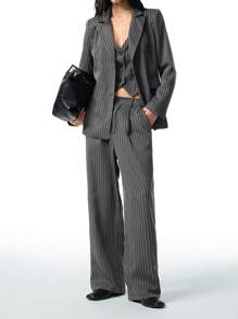 LYSMO Women's Minimalist Striped Front Button Long Sleeve Top & Pants Suit Set In Fall/Winter - Dark Grey - View 1