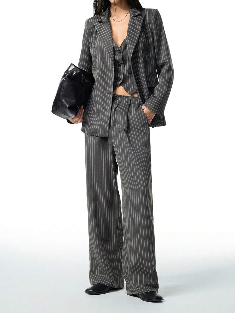 LYSMO Women's Minimalist Striped Front Button Long Sleeve Top & Pants Suit Set In Fall/Winter - Dark Grey - View 1