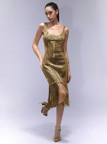 Aveloria Affinna Vestido ajustado sin mangas con lentejuelas y adornos con flecos para el Día de San Valentín para mujer, primavera/verano