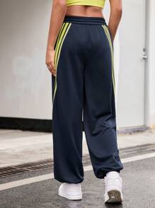Streetz SHEIN Sport 女式休闲拼色条纹抽绳腰运动裤 - 藏蓝色 - 查看 2