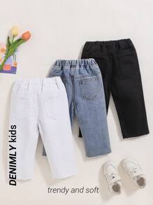 Set de 3 jeans rectos de mezclilla suave y cómoda con efecto desgastado, aptos para niñas pequeñas en primavera y otoño