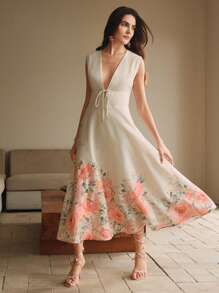 Anewsta Französischer Stil Tiefer V-Ausschnitt Positionsdruck Ärmellos Midi Blumenkleid für Frauen