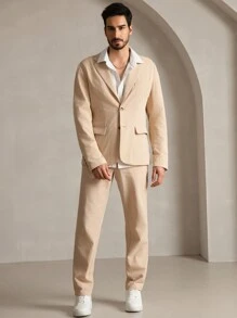 HIMLAND Blazer casual de manga larga, holgado y tejido para hombres, para otoño e invierno - Caqui - Ver 5