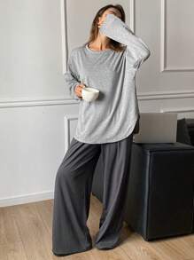 DAZY 2pcs/Set Women Loose Solid Color Long Sleeve Home Wear Set, Spring - Grey - View 4