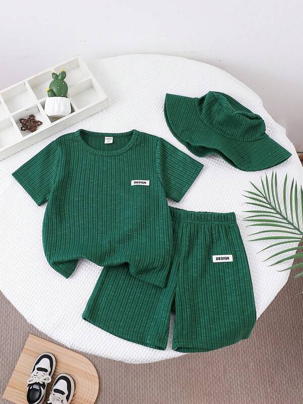 SHEIN 3pcs/Set Boys Sports Suit: Textured Knit Letter Print Short Sleeve T-Shirt + Casual Shorts + Sun Hat. Suitable For Boys In Daily Life Occasions, Such As School, Outdoor Play, Shopping, Traveling, Vacation, Ideal For Summer