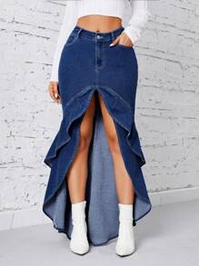 EMERY ROSE Fashionable Ruffled High Slit Denim Skirt - Dark Wash - View 3
