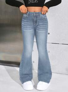 SHEIN SLAYR KIDS Tween Girls Y2K Fashion Casual Flare Leg Jeans Star Pattern With Rhinestones, Girls Fall Clothes Back To School Outfits - Medium Wash - View 6