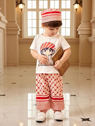 SHEIN 3pcs/Set Infant/Baby BoySummer Cartoon Print Short Sleeve Top With Waistband-Less Long Pants And Hat, Cute Outfit For Casual, Outdoor Play, School, Vacation