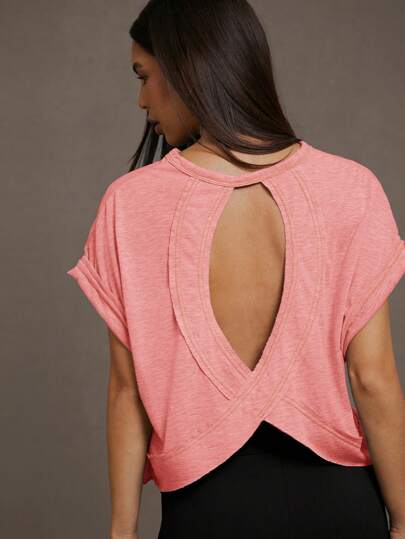 SHEIN Essnce Women's Casual Solid Color Hollow Back Cropped T-Shirt