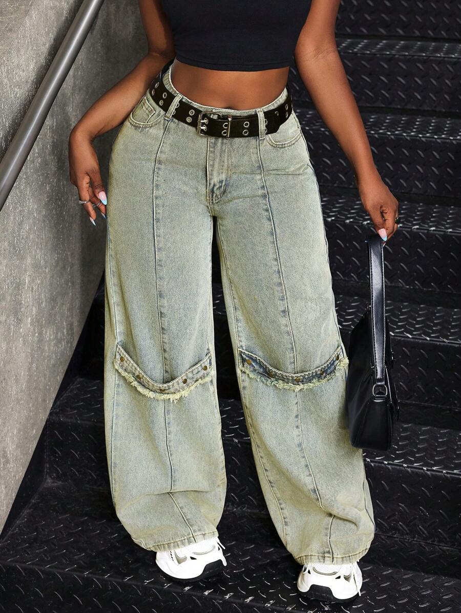 SHEIN SXY Vintage zniszczone szerokie nogawki luźne krój casualowe damskie jeansy, wiosna/jesień nowości - Niebieski - Zobacz 1