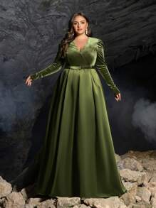 Faeriesty Plus Surplice Neck Belted Satin Formal Dress - Olive Green - View 1
