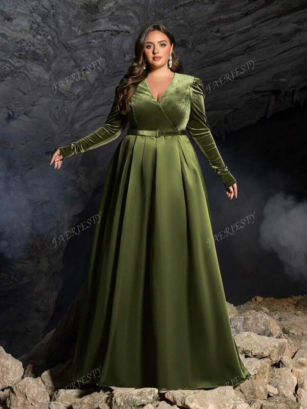 Faeriesty Plus Surplice Neck Belted Satin Formal Dress