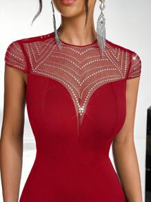 Glamrae Elegant Red Mesh Sheer Rhinestone Patchwork V-Neck Padded Waist Slimming Backless Sheer Hollow Out Fishtail Floor Length Gown, Suitable For Dating, Single, Vacation, Prom, Wedding Party, Wedding Guest Dress, Formal Dress, Evening Dress