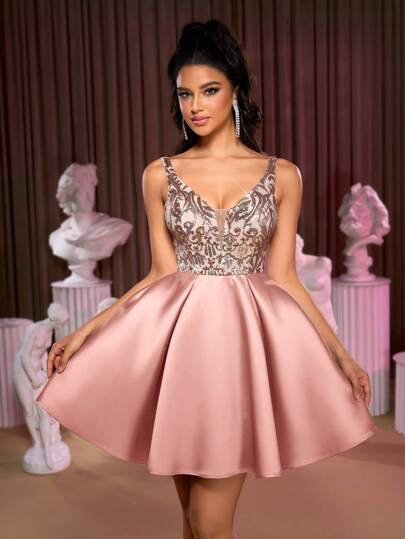 Lovelzi Vestido elegante y lujoso de satén con cuello en V, parches con lentejuelas y flores, fruncido, adecuado para fiesta de bienvenida, boda, fiesta, vacaciones, graduación, baile de graduación, invitado de boda