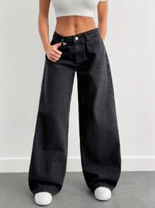EURMUSE Women's Fashionable Versatile Slant Pocket Loose Fit Denim Jeans - Black - View 3