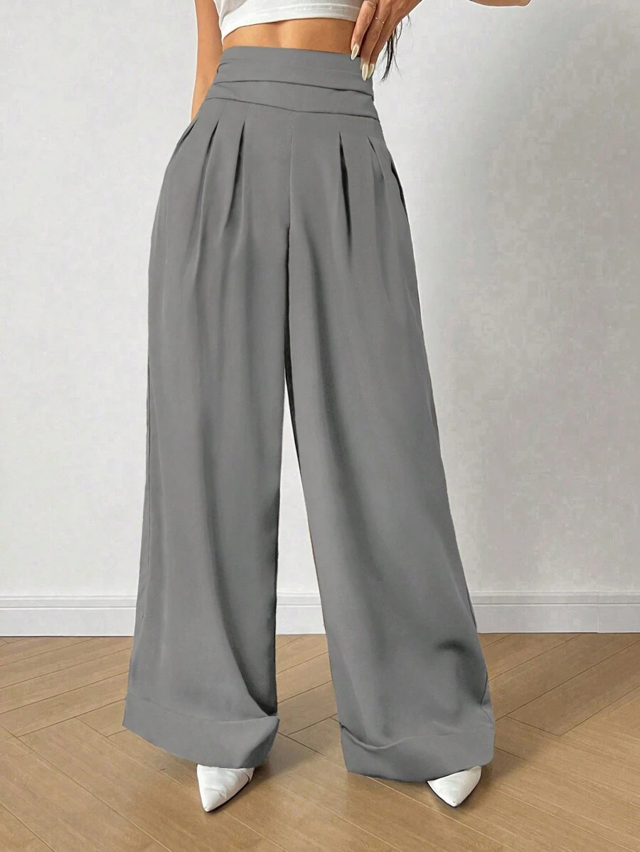 Chiquease 實心高腰褶皺細節寬腿褲