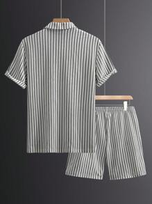 Manfinity Homme Men's Front Button Short Sleeve Striped Minimalist Top And Shorts Casual Set, For Tennis - Black and White - View 2