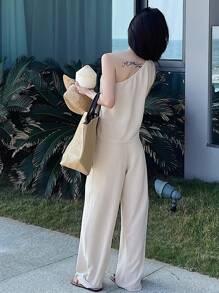 DAZY 2pcs/Set Women 3D Floral Decor Sleeveless Crop Top And Wide Leg Pants Set - Apricot - View 3