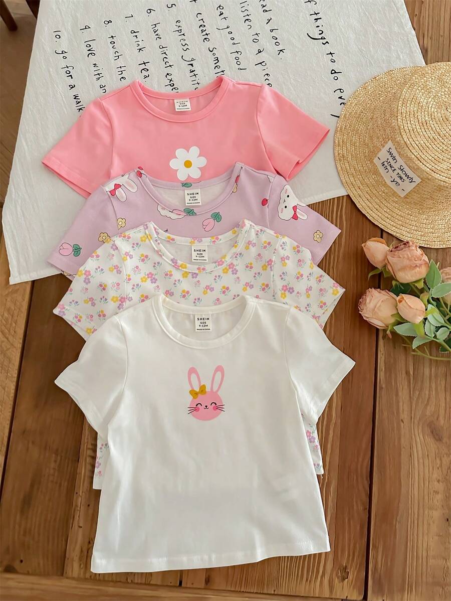 4pcs Baby Girls Cute Cartoon Striped Short Sleeve Knit Tops Set, Summer Graphic - Multicolor - View 1