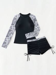 Swim SPRTY Summer New Cross-Border Stylish Long Sleeve Rash Guard & Drawstring Waist Bottoms 2 Pieces Swimwear For Women, Paisley Print, Conservative & Slimming, Sports & Beach Vacation