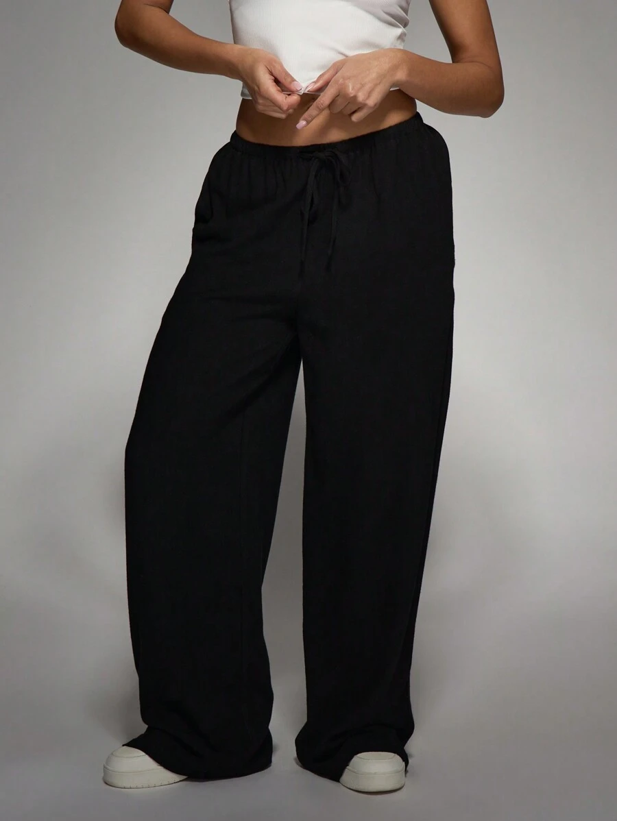 MISSGUIDED Luxury Wide Leg Linen Palazzo Trousers Soft Flowy Casual Resort Wear Beach Pants Summer Holiday Lounge Wear Elastic Waist Comfort Fit - Black - View 1