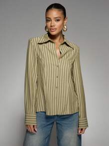 MISSGUIDED 条纹露背长款衬衫 - 軍綠色 - 查看 1