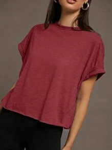 SHEIN Essnce Áo thun nữ tay ngắn cổ tròn hở lưng màu trơn đơn giản - Màu Đỏ Sâu - Xem 6