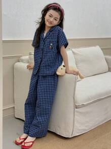 Dazy Kids 少女格子刺绣短袖上衣和裤子睡衣套装，春夏 - 藏蓝色 - 查看 3