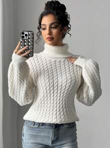 Firerie Elegant Casual Warm Beige High Neck Cable Knit Sweater, Autumn/Winter New Style