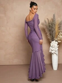 L'Amorae Vestido con ruedo alto y bajo con manga larga fruncida y con volantes